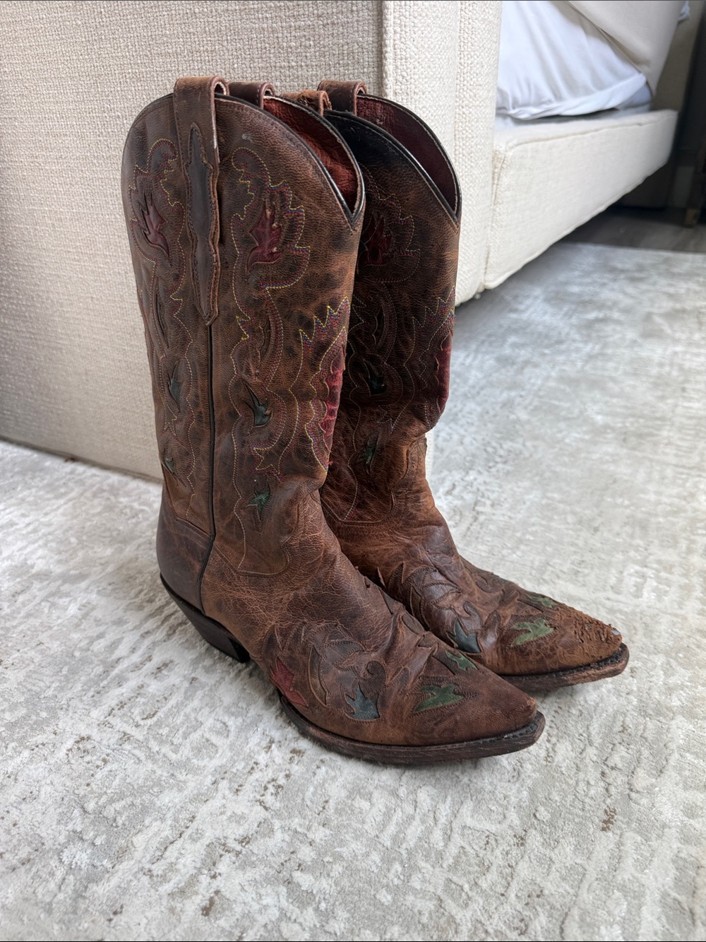 Dan Post Brown Leather Over-the-Knee Western Boots with Multicolor Stitching